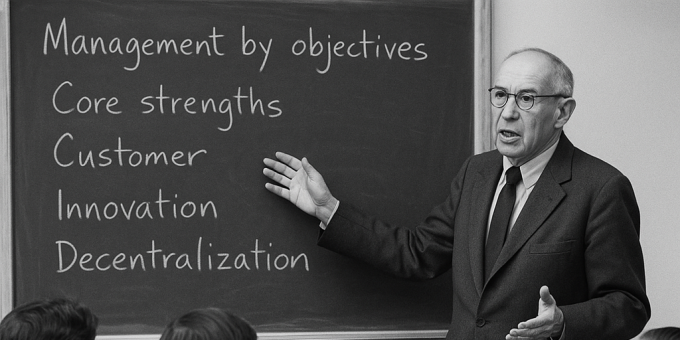 Man in suit giving a lecture to an audience in front of a chalkboard with business terms.