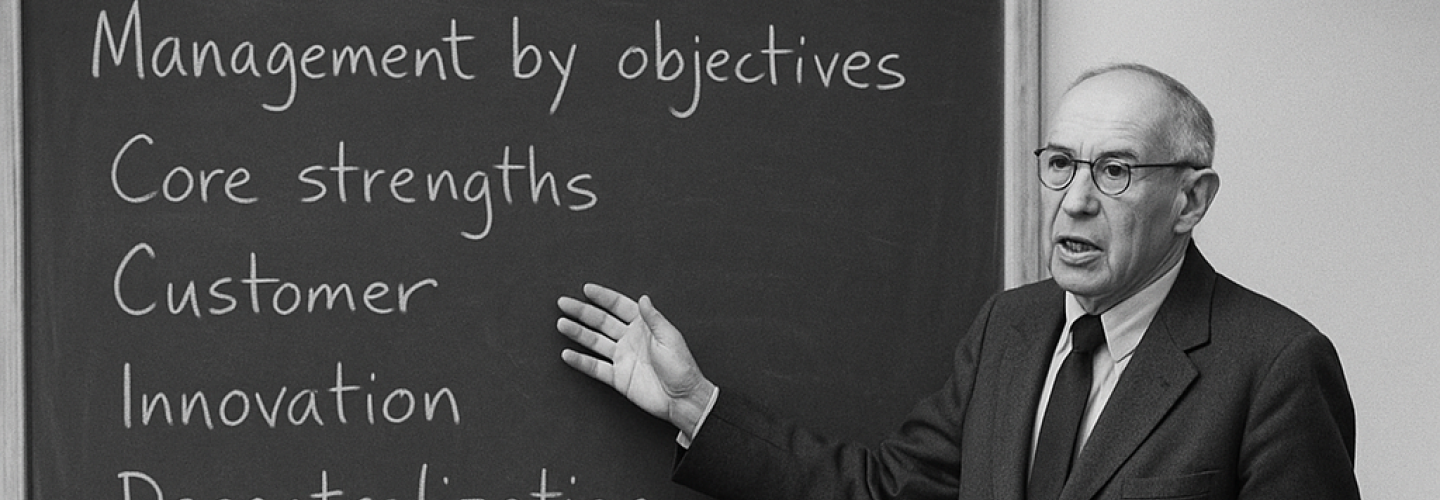 Man in suit giving a lecture to an audience in front of a chalkboard with business terms.